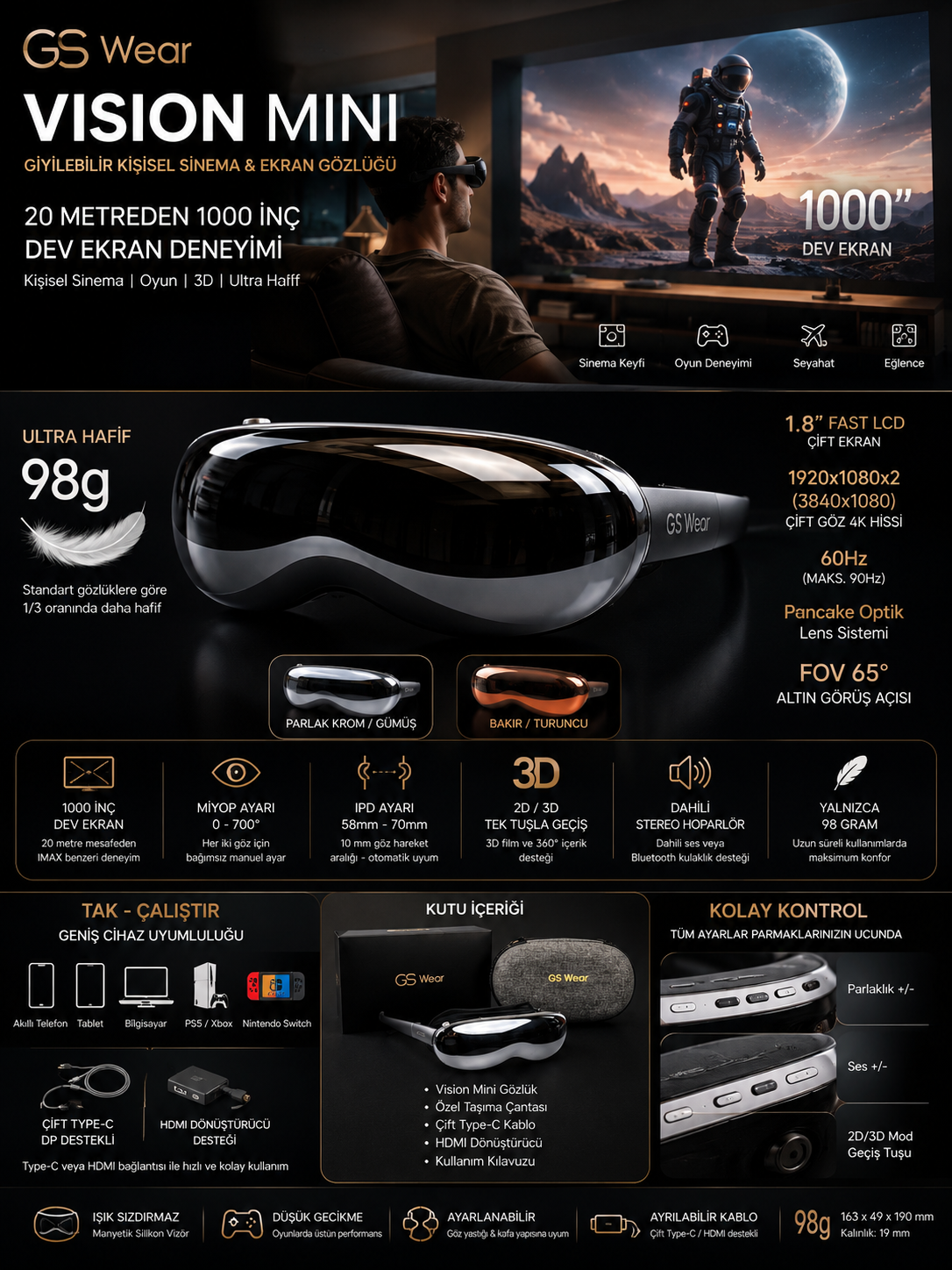 GS Wear Vision Mini ekran gözlüğü, ürün özellikleri 6