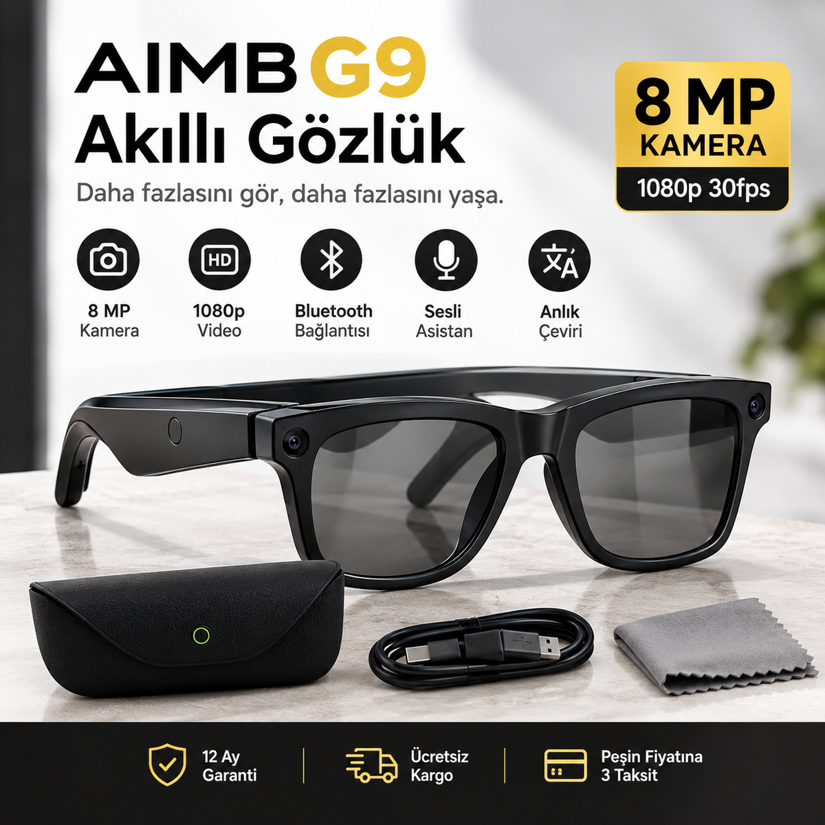 RABEE G9 AI akıllı gözlük, 8MP kamera detayı
