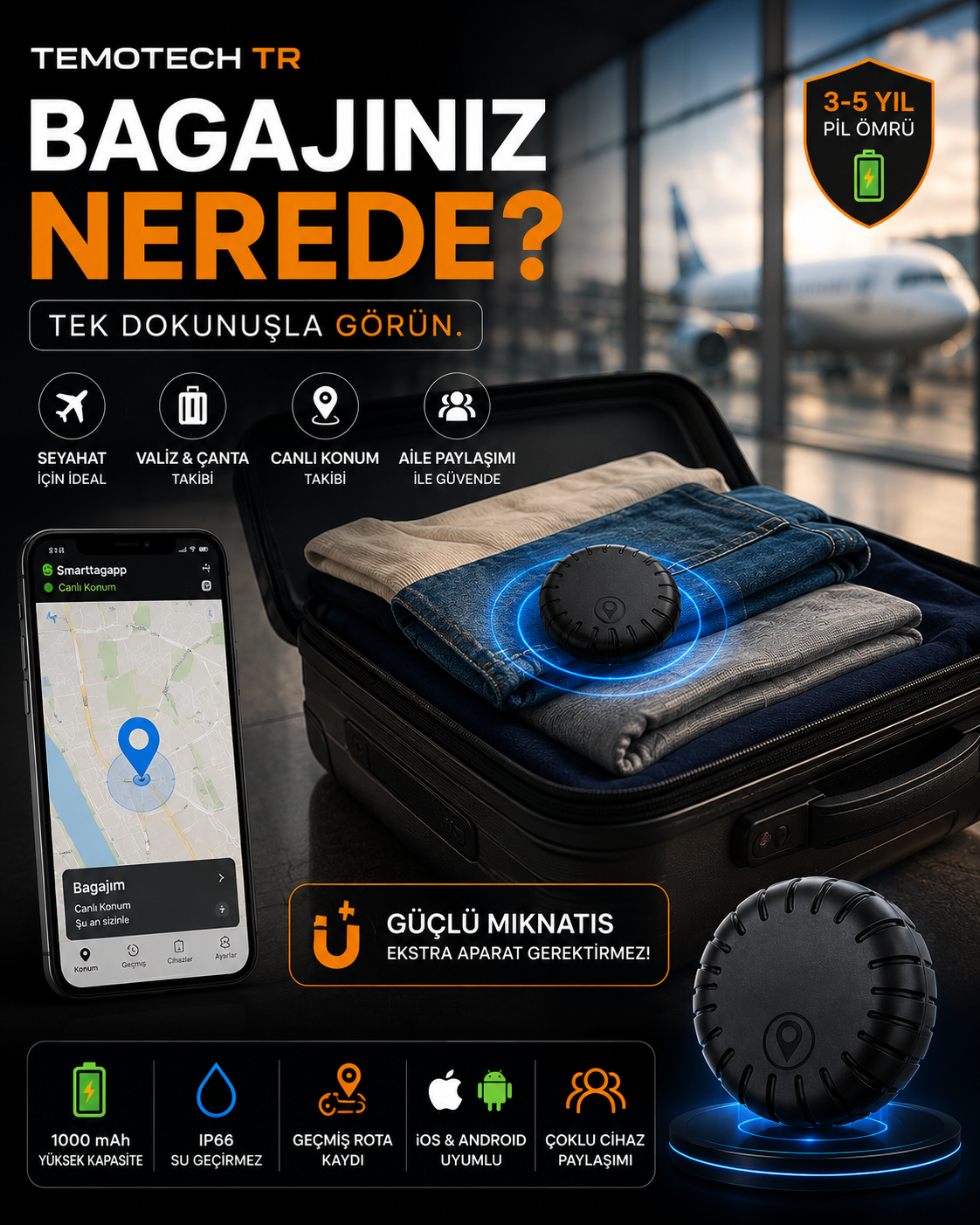SmartTag Güçlü Manyetik Akıllı Takip Cihazı