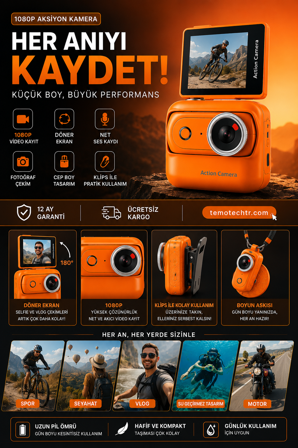 TeMoCam X1 – 1080P Mini Vlog & Aksiyon Kamerası